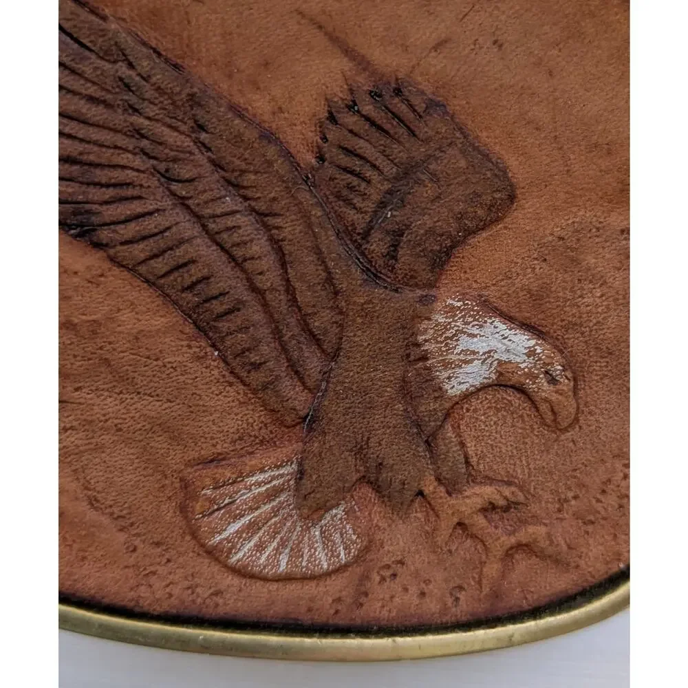 Vintage BBB 1982 Leather & Solid Brass Eagle Belt Buckle Burnett Tooled Numbered
